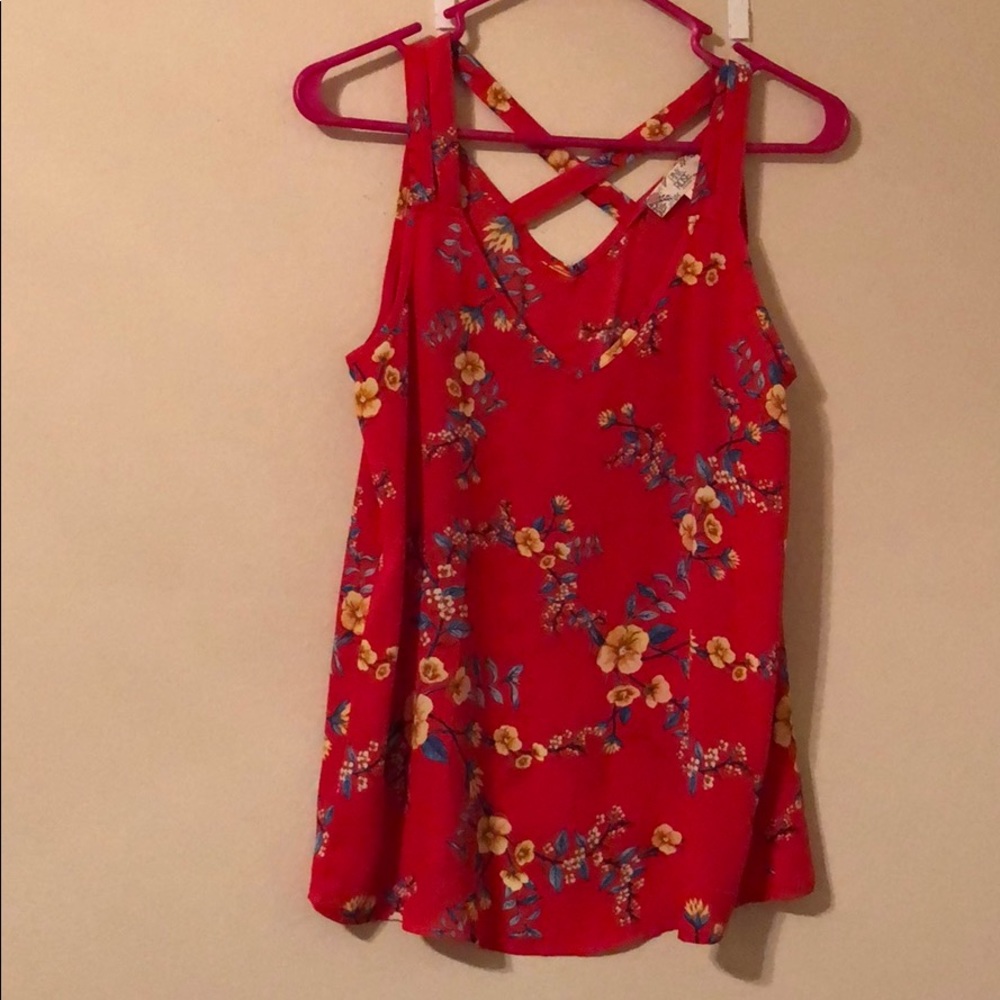 NEVER WORN Red tank with yellow/blue floral print